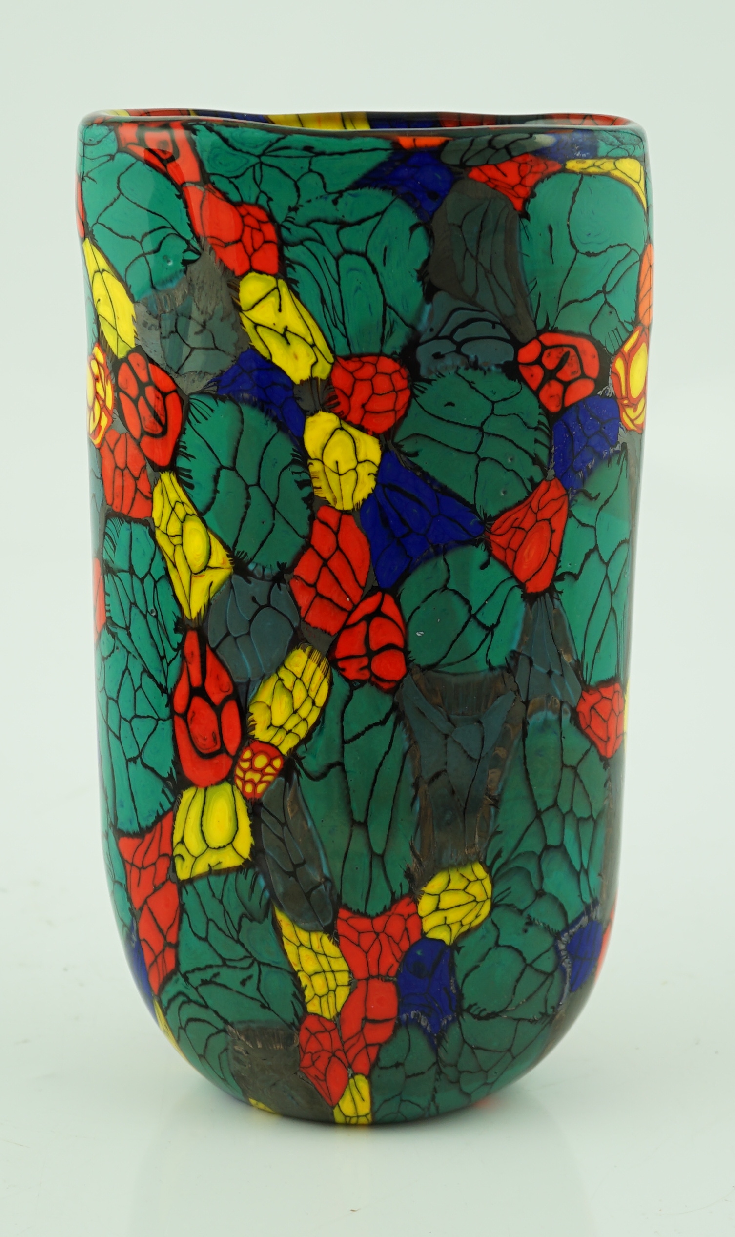 Vittorio Ferro (1932-2012) A Murano glass Murrine vase, cylindrical, with a multicoloured design, signed, 29cm, Please note this lot attracts an additional import tax of 20% on the hammer price